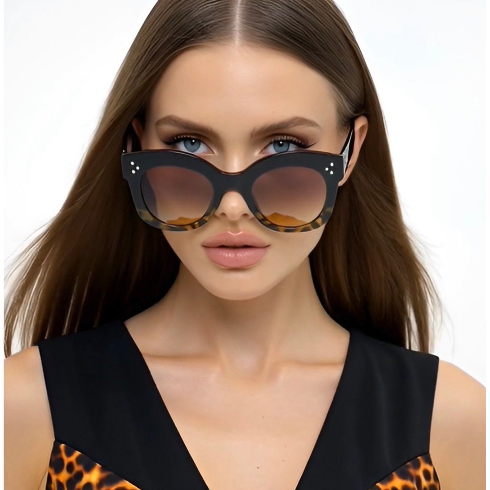 Cat‎ Eye Sunglasses Leopard Print Accents Frame Brown Lens UV400 Protect Fashion